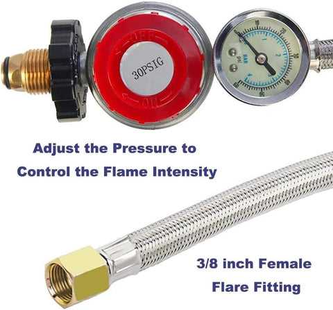 Propane regulator with gauge and stainless steel braided hose; 3/8 inch female flare fitting.