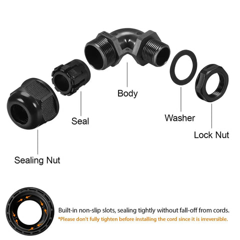 Exploded view of 90 Degree M20 Cable Gland Adjustable 9 to 14mm Strain Relief Cord Connector with nylon joints and gaskets