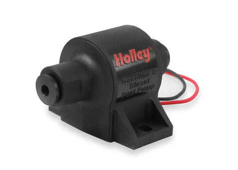 Mighty Mite 12V Electric Fuel Pump, 32 GPH Flow, 4-7 PSI, black solid state design with red wires, side view.