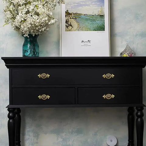 Black dresser with Golden Brass Antique Vintage Retro Drawer Cabinet Knobs With Backplates 12 Pack Mushroom Shape Pull Handles