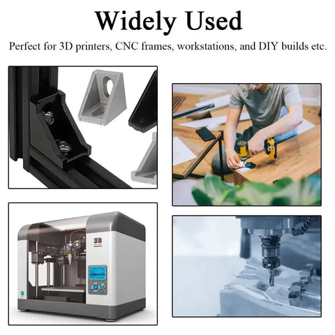 Image depicting the usage of the 252 Piece M5 T Nuts And T-Slot Bolts Extrusion Accessories Kit with 3D printers and CNC frames.