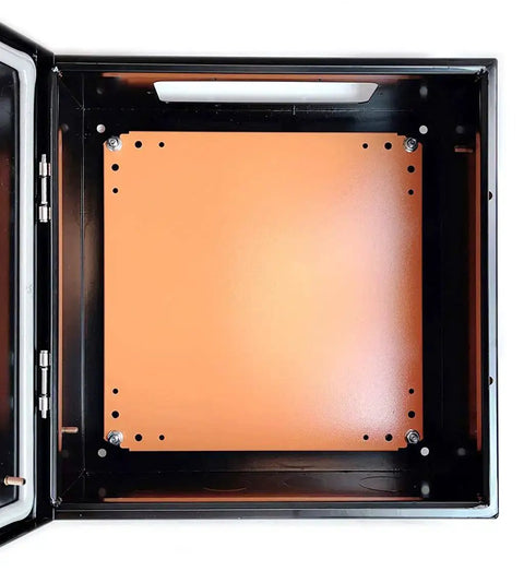 Interior view of Brew Panel Wall Mount Black Steel Enclosure With Knockouts Removable Door Lock and Key, showing empty space.