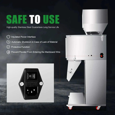 Automatic Bottle And Bag Filling Machine For Coffee Beans With 200W Power 10 To 999 Grams Weighing Filler Accurate To 2G Pro Grade High Speed 12 To 15 Bags Per Minute side view with control panel inset.