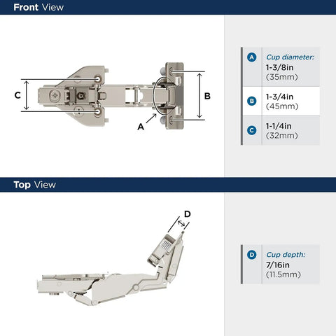 Front and top view of Two Pack Full Overlay 165 Degree Bi Fold Door Soft Closing Concealed Hinge For Face Frame Cabinets Lazy Susan Compatible Built Tough Heavy Duty Steel Construction With Nickel Finish And Easy Mounting Hardware Amerock, showing dimensions and design.