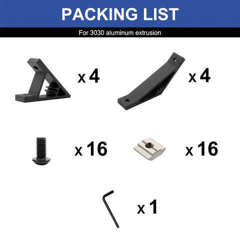 Packing list for 8 Piece 3030 Corner Bracket Kit with 45 and 135 degree angles, includes T nuts, screws, and wrench for DIY projects.
