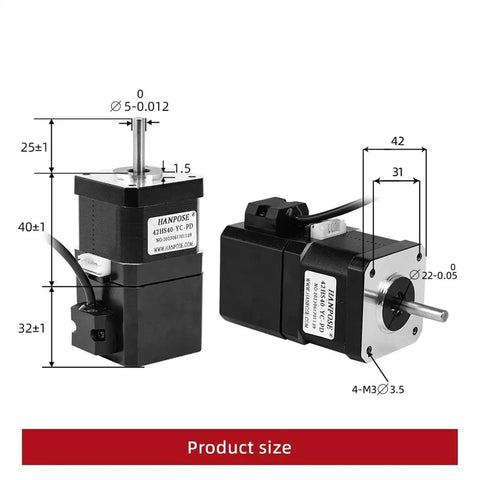 HANPOSE 42HS40-YC-PD brake stepper motor, NEMA 17, 12V, 40 N·cm, 4-lead; front and side views of two units.