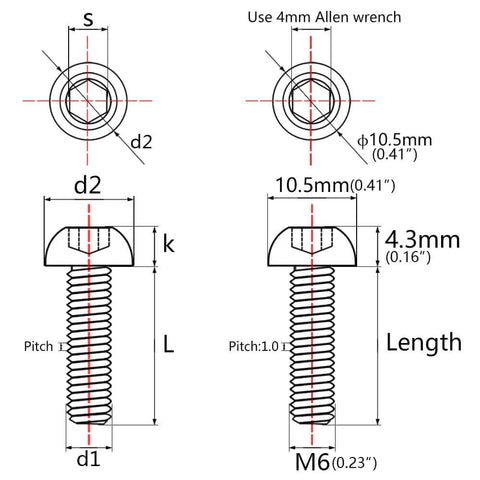 Diagram showing dimensions of Premium Dope Titanium Button Head Bolts M6x30mm Pack Of 6 Grade 5 6AL 4V Black Titanium Alloy.