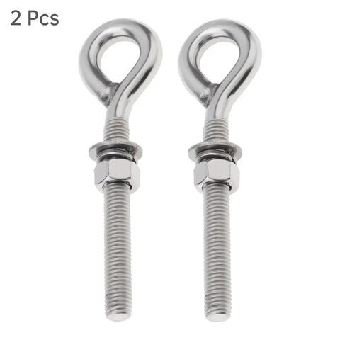 Two Pack M12 Eye Bolts With Nuts And Washers One Half Inch By Three Point Five Inch Long Shank Threaded Rod Round Hook Eyelet Bolts Five Point Six Inch Total Length 304 Stainless Steel Rust Resistant For Indoor And Outdoor Lifting Ring Bolts displayed against a white background