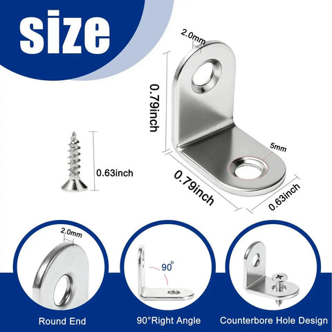 Sturdy Heavy Duty 24 Piece Stainless Steel L Bracket Corner Brace Set With 48 Screws size diagram and specifications