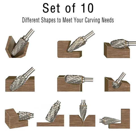 10 Piece Long Carbide Burr Set With One Eighth Inch Shank And Four Inch Total Length Tungsten Carbide Rotary Burrs Display