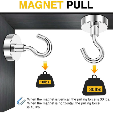 Steel magnetic hook demonstrating vertical and horizontal pull forces, 30 lbs vertically, 10 lbs horizontally, against a metal surface.