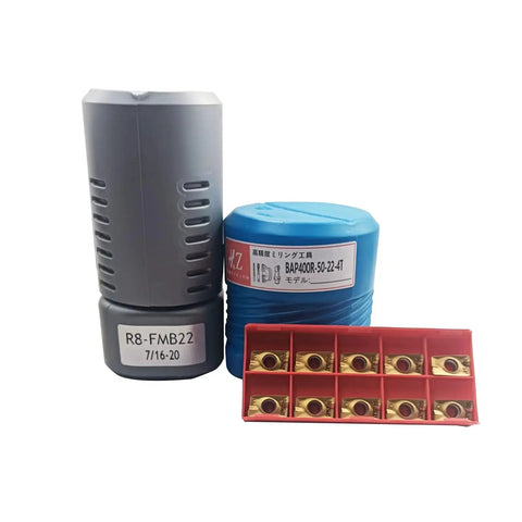 2 Inch Face Mill Arbor Kit By KinRite With BAP400R 50-22-4T Face Milling Cutter 50mm And One Point Nine Inch Shell Holder For CNC End Milling Includes 10 APMT1604PDER Carbide Inserts shown in packaging