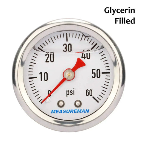 1.5 Inch Dial Liquid Filled Fuel Pressure Gauge With 304 Stainless Steel Case And Center Back Mount, 0 To 60 PSI, One Eighth Inch NPT