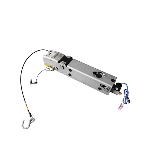DLFZWB 7,500 lb A-60 tandem hydraulic disc brake actuator, inner slide trailer coupling, side view, silver with wiring