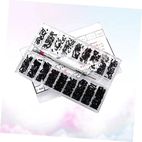 18 Spec Miniature Screw Set Kit With Flat Head Screws In Transparent Case For Glasses And DIY Repairs visible in clear box