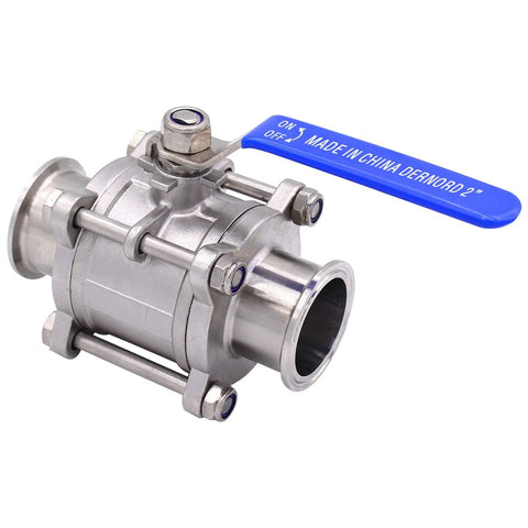 DERNORD 2 sanitary ball valve, angled side view with blue lever, 2 in tri-clamp, stainless steel 304, PTFE-lined