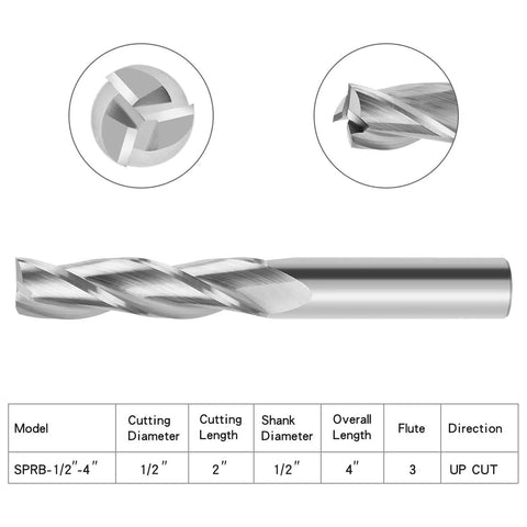 Upcut Spiral Router Bit With Half Inch Shank And Half Inch Cutting Diameter For Wood Mortises Carving And Engraving, Four Inch Overall Length And Two Inch Cutting Length, Pro Grade Carbide CNC End Mill For Serious Woodworking, shown with dimensions and flute detail.
