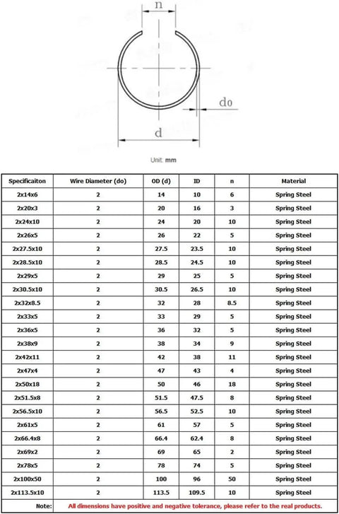 Round Wire Snap Rings Set Of 10 For Shafts And Holes 2mm Wire Diameter Spring Steel Retaining Circlips size chart