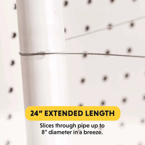 Serrated PVC Pipe Cable Saw 24 Inch for Cutting PVC, PE, and ABS Pipes With Durable Stainless Steel Wire slicing through pipe