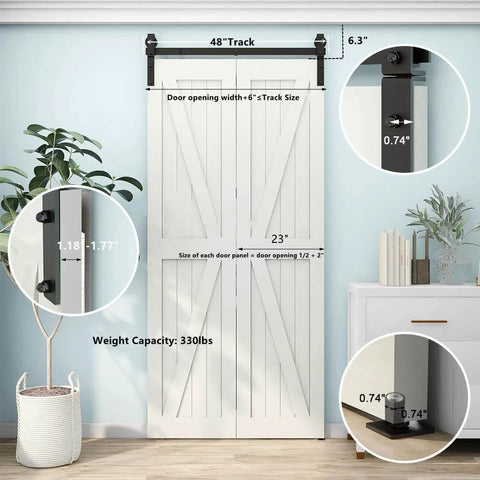 Front view of 4ft Bi Folding Sliding Barn Door Hardware Kit for two doors with matte black finish, installed in home office.