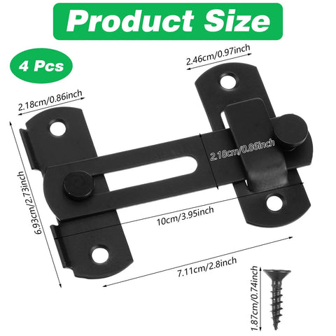 4 Pcs Barn Door Lock Sets With 180 Degree Flip Sliding Latches, Heavy Duty Black Gate Bolts, product size with measurements
