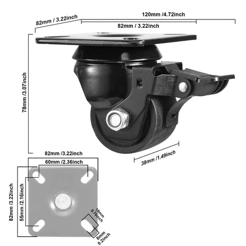 Detailed view of 2-Inch Plate Swivel Caster Wheels Set Of 4 Heavy Duty Load Capacity 2200 Lbs with brake and nylon wheels dimensions