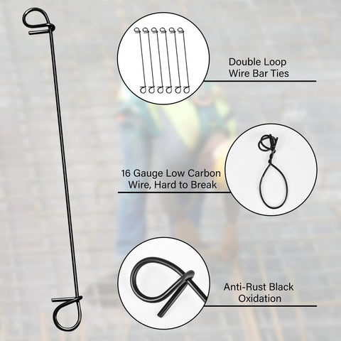 1000Pcs Rebar Tie Wire Set With 2 Tie Wire Twisters And Gloves, 6 Inch Double Loop 16 Gauge Steel Bar Ties For Concrete Construction And Reinforcement, Heavy Duty DIY Ready With Wooden Grip Handle close-up of double loop wire bar ties and details on wire material
