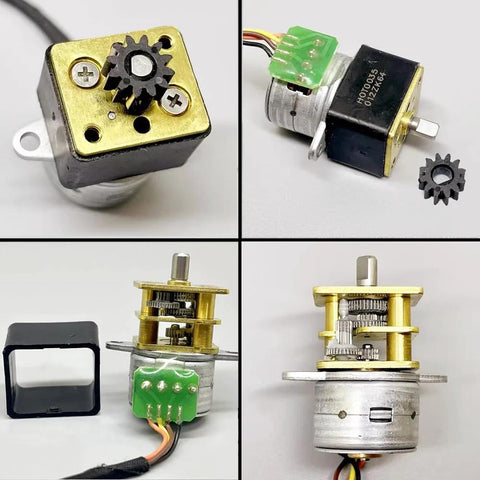 DC 5V 2-phase micro stepper motor with 1:35 gearbox, 15mm diameter, front view
DC 5V 2-phase micro stepper motor side view, gearbox visible and small gear nearby
DC 5V 2-phase micro stepper motor installed, gearbox assembled, exposed gears and green PCB connector
DC 5V 2-phase micro stepper motor gear train close-up showing reduction gears