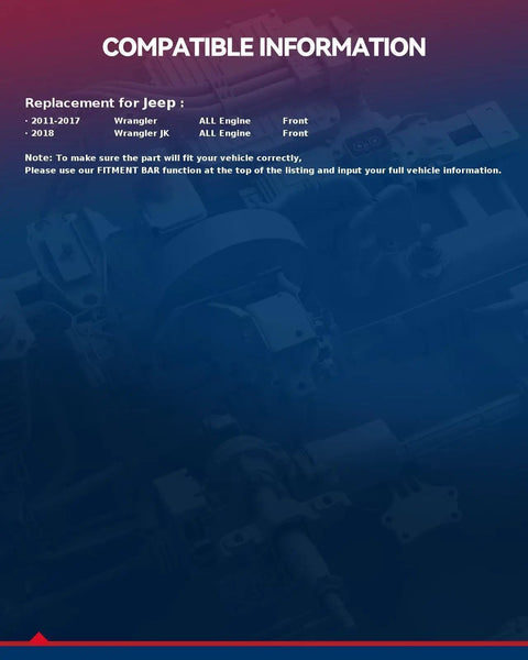 Compatibility guide for Jeep Wrangler 2011-2017 and 2018 JK with Front Wheel Bearing And Hub Assembly 513369, 5 lug with ABS.