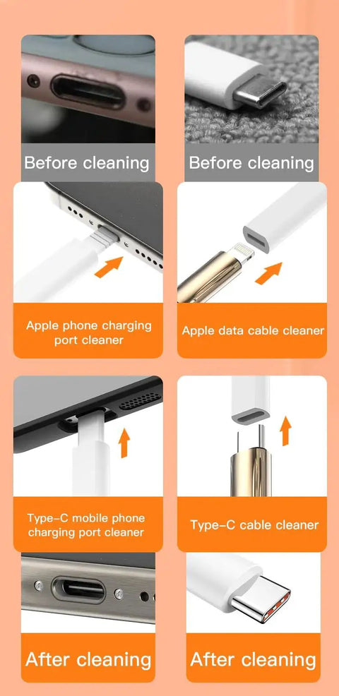 Comparison of phone charging ports and cables before and after using the 32-In-1 Compact Electronics Cleaning Kit for Keyboards, Phones, Monitors, Lenses