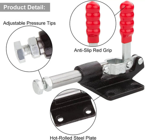 Adjustable Toggle Clamp With Push Pull Action, 851 Lbs Capacity, High Carbon Steel Construction, Red Finish, side view