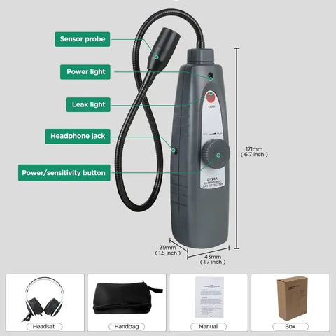 Ultrasonic air leak detector handheld with gray body and 420mm probe; includes headset, handbag, manual, and box.