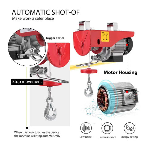 Diagram of Electric Hoist 440 Lbs Winch 110V With Remote Control ETL Listed 38 Ft Lift showing motor and automatic stop mechanism.