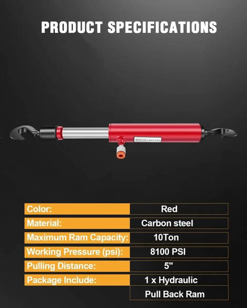 Beefy 26 Inch Hydraulic Pull Back Ram For Porta Power Tools And Body Shop Frame Tools, 10 Ton Capacity, shown specifications