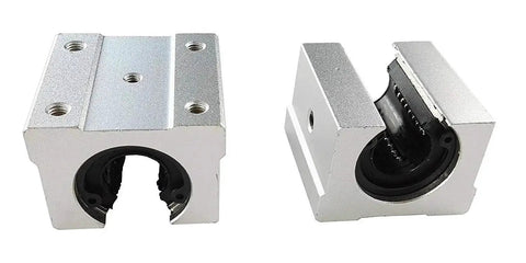 Two SBR20UU preloaded blocks for SBR20 350mm Linear Guide Rail, used in CNC rigs and 3D printers, showing front and side view.
