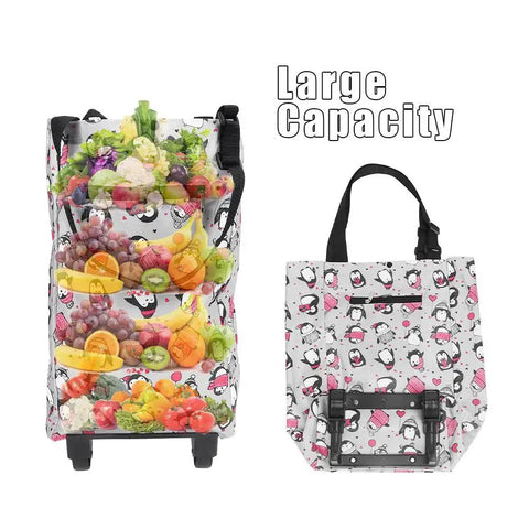 Collapsible Trolley Bag With Wheels For Groceries, showing large capacity with fruits, made from waterproof wear-resistant Oxford fabric.
