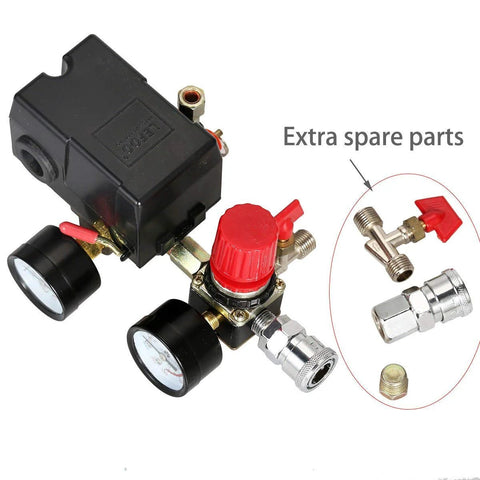 Air compressor pressure switch manifold regulator with two gauges and red knob on black housing