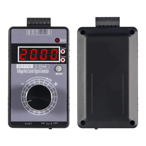 Front and back view of adjustable 4-20mA and 0-10V/0-22mA signal generator, LCD display, compact simulator, battery powered, encoder knob.