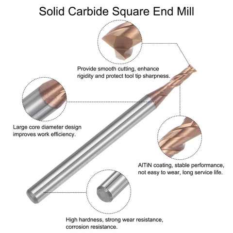 Solid carbide square nose end mill with AlTiN coating and 2 flute design, highlighting features for efficient CNC machining.