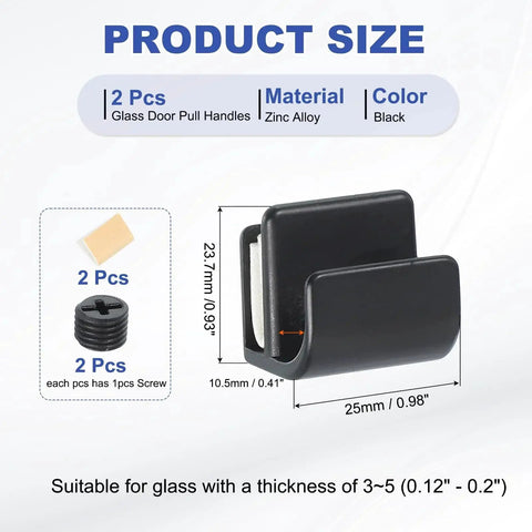 Fifteen Sixteenth Inch Glass Door Pull Handle Black Zinc Alloy Set Of Two With Screws No Drilling Door Clips display diagram