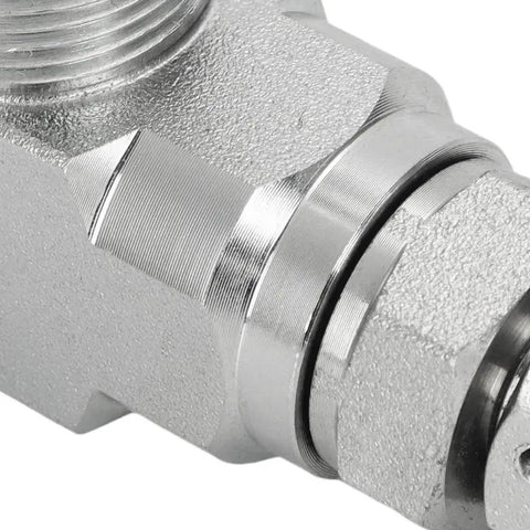Close-up of Mini Excavator Hydraulic Flow Control Valve With L08 Thread and M14 Connections STB G3/8 Three Eighths Inch Size.