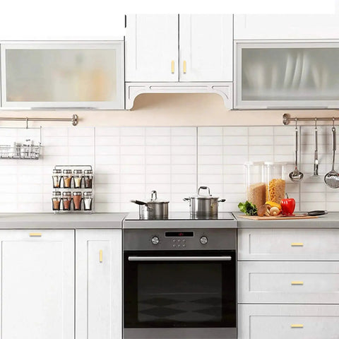 Modern kitchen with Gold Stainless Steel Cabinet Handles Set Of 2 Single Hole Center Square Bar Cabinet Pulls on white cabinets.