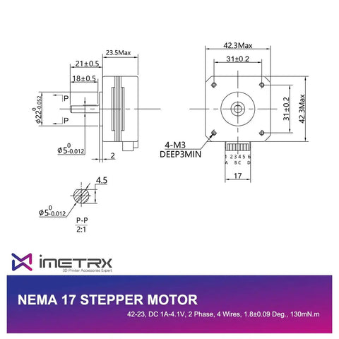 Technical diagram of High Torque Nema 17 Stepper Motor Bundle 42x23mm Pancake Style for 3D printers, dimensions labeled.