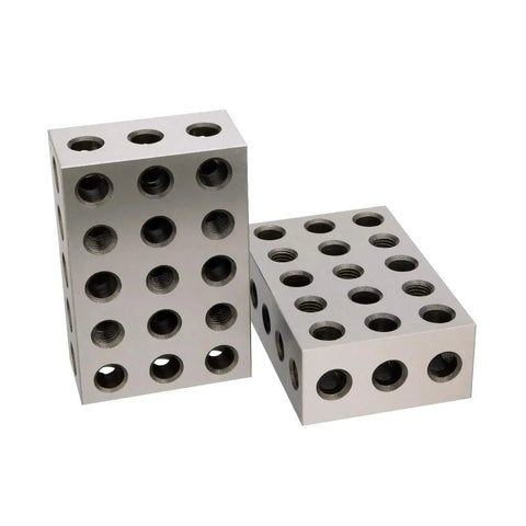 Precision Two-Hole Parallels And Matched One-Two-Three Block Pair In One Eighth Inch By Three Inch Size From HHIP 9999-0031 Pro Grade Tool Steel Hardened And Stress Relieved Includes Fitted Wood Case Shop Ready 0.0003 Inch Parallel Tolerance On Two Sides