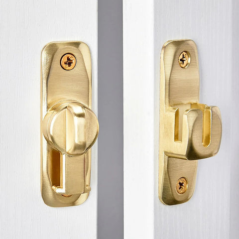 Dual 90 180 Degree Barn Door Latch Lock In Zinc Alloy, Right Angle Gate Lock, close-up view on a white door