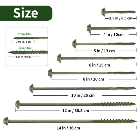Various sizes of Tough-As-Nails Heavy-Duty Exterior Timber Screws Five Sixteenth Inch By Twelve Inch Self-Tapping Hex Head Lag Bolts
