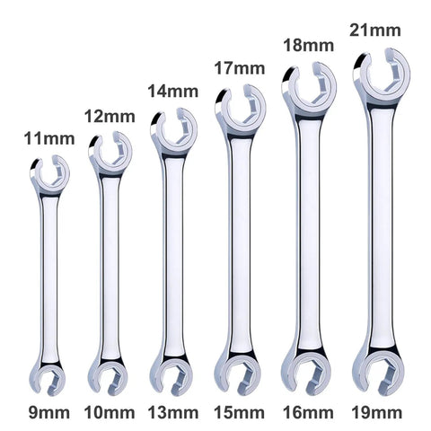 Premium Double End Metric Flare Nut Wrench Set With Rack For Fuel Brake And Air Conditioning Lines Sizes From 9 To 21 Mm Cr V Steel