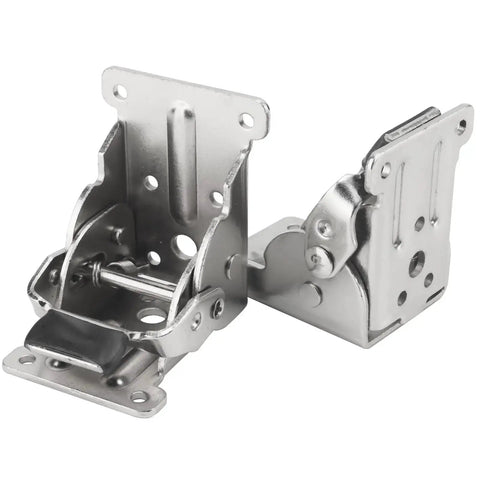 12 Piece Self Locking Folding Table Leg Brackets With 0 To 90 Degree Adjustable Hinges And Screws For Heavy Duty DIY Workbenches, Steel Folding Locking Hinges, 500 Lb Max Load Capacity, Silver Finish; two silver steel hinges showing both open and closed positions.