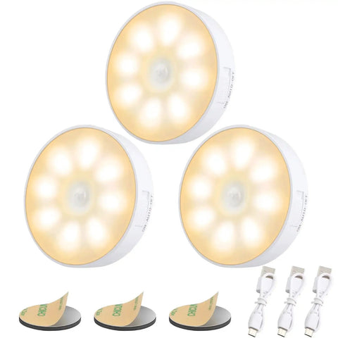3 Pack Motion Sensor LED Night Lights With USB Rechargeable Battery, 8 LEDs, Magnetic Patch, Warm White Light, Accessories Included