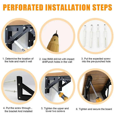 Perforated installation steps for Heavy Duty Folding Shelf Brackets For Wall Or Bench Use Two Pack 12 Inch Metal Collapsible Brackets